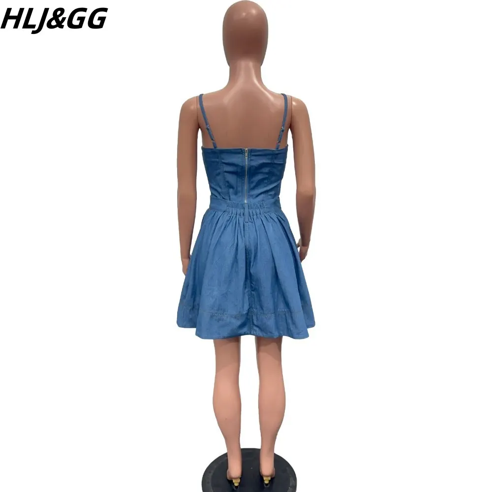 HLJ&GG Blue Denim Sexy Suspenders Dresses 2024 Women Thin Strap V Neck Sleeveless Backless Slim Vestidos Female Cowboy Clothing