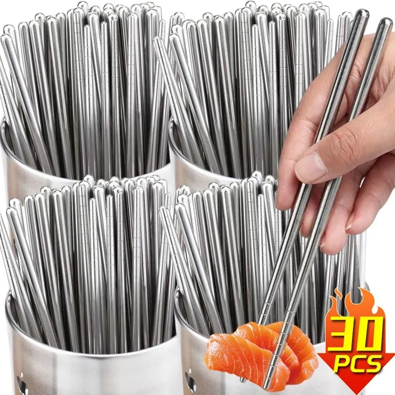 60/2pcs Stainless Steel Chopsticks Household Metal Chop Sticks Japanese Sushi Food Stick Reusable Kitchen Tableware Cutlery Sets