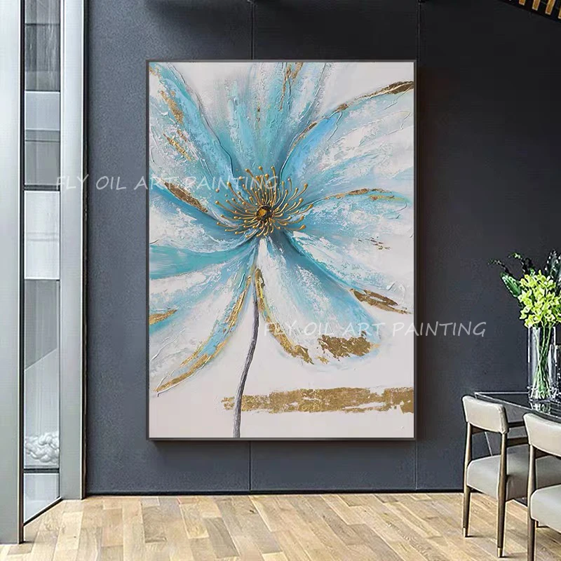 

Gold foil flower blue Hand Painted Oil Paintings Hand made on Canvas Art Wall Pictures For Living Room Home Wall Decor 100% H