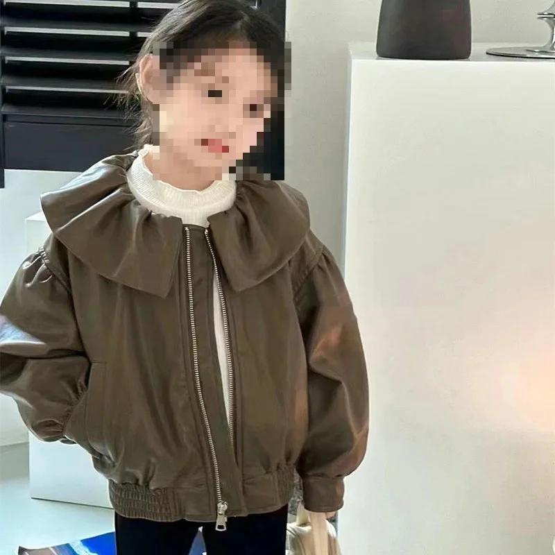 Girls Coat Lotus Leaf Collar Casual Jacket Top 2025 Autumn and Winter New Children's Clothing 3-8 Years Old