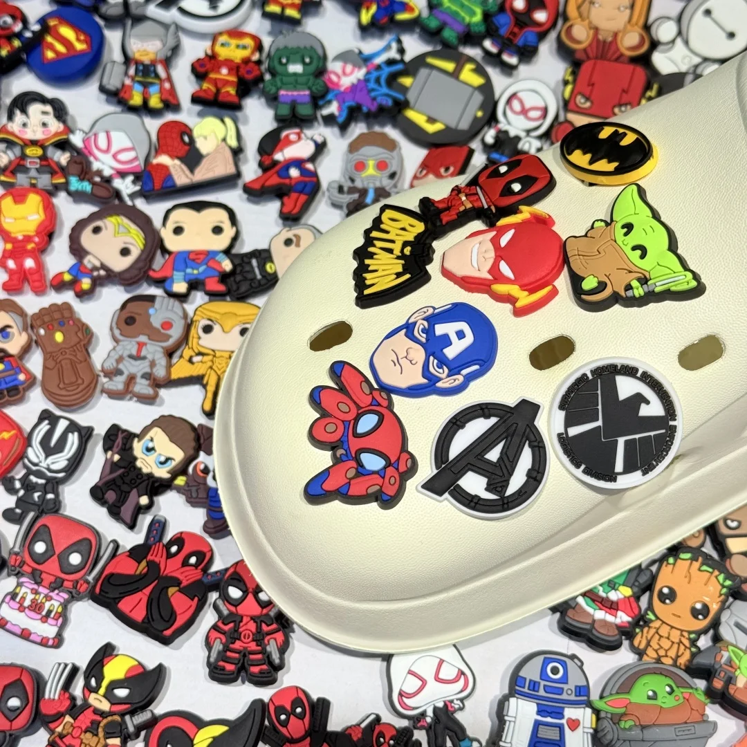Random 20pcs Miniso Avengers Heros Shoe Buckle Sandal Accessories PVC Shoes Charms Clogs Pins Decor Adult Kids Party Gift