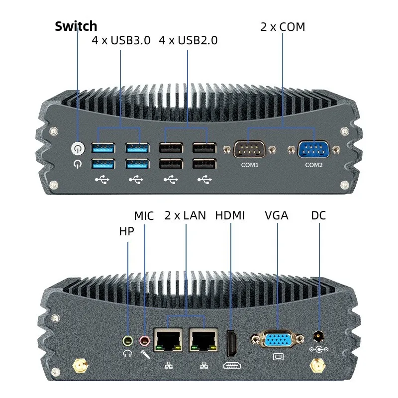 All-aluminum miniature industrial control host, low power consumption dual network dual serial port fully enclosed embedded