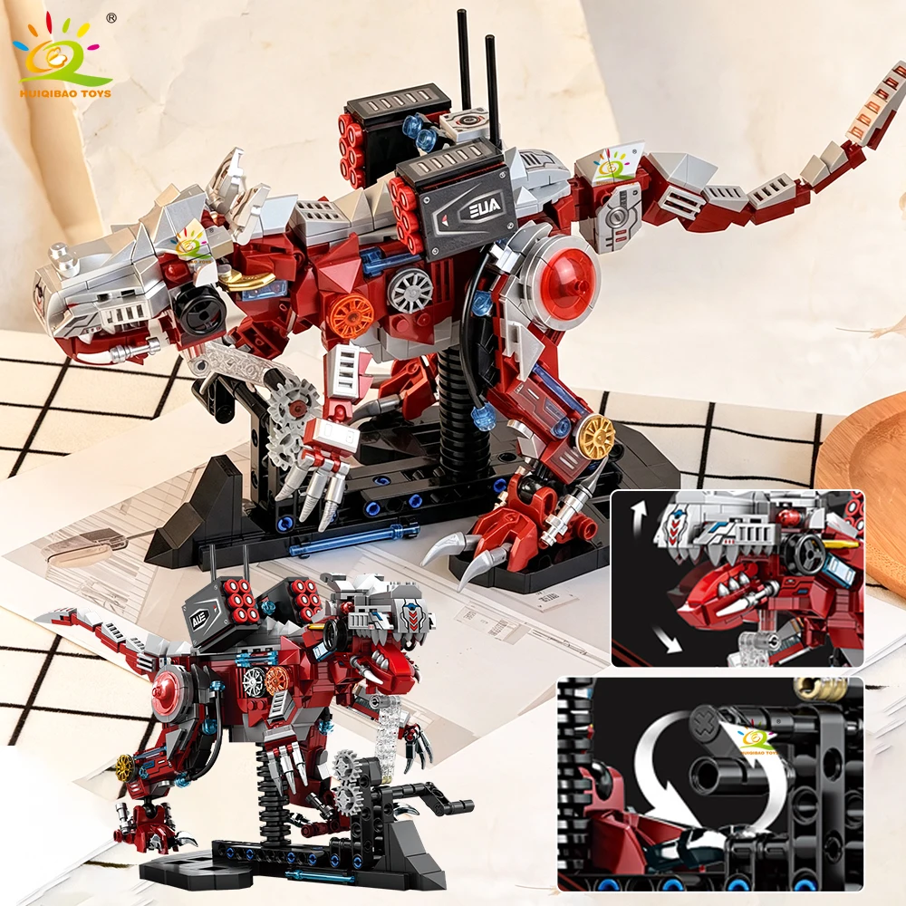 HUIQIBAO MOC Mechanical Tyrannosaurus Rex Building Blocks Movable Dinosaur Model with Display Stand Assembly Bricks Toy Ornament