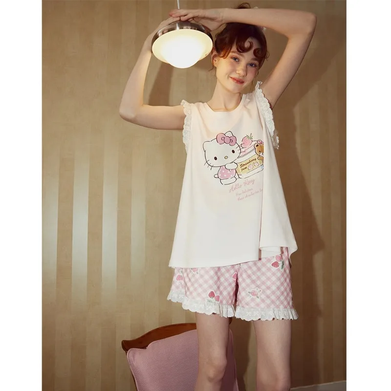 

Sanrio HelloKitty Cartoon Summer Sleeveless Women's Sleepwear Set Sweet Home Clothes Cotton Ensemble Christmas Birthday Gifts