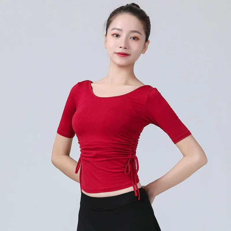 Camicia da ballo da ballo latino sottile con coulisse a maniche corte estiva per adulti da donna Camicia da ballo moderna modale per pratica di danza moderna