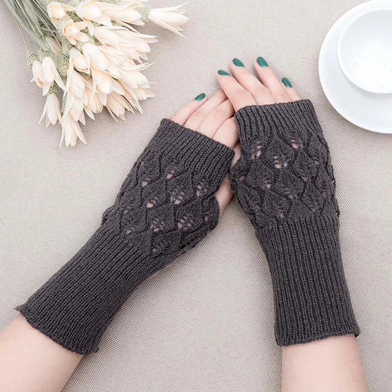 Guantes cálidos de punto sin dedos para mujer, guantes elásticos de acrílico de medio dedo para el brazo, punto de ganchillo, mitones de imitación