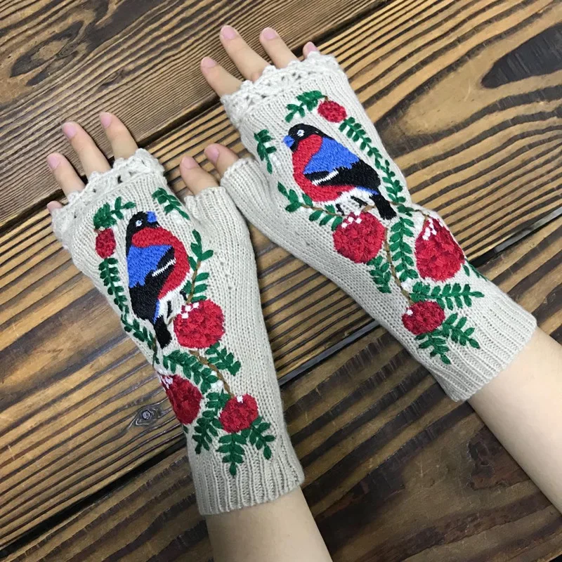 Mode Damen Herbst gestrickte handgemachte Stick handschuhe bestickte Vogel blumen mittellange halbe Finger warme Wolle Winter handschuhe