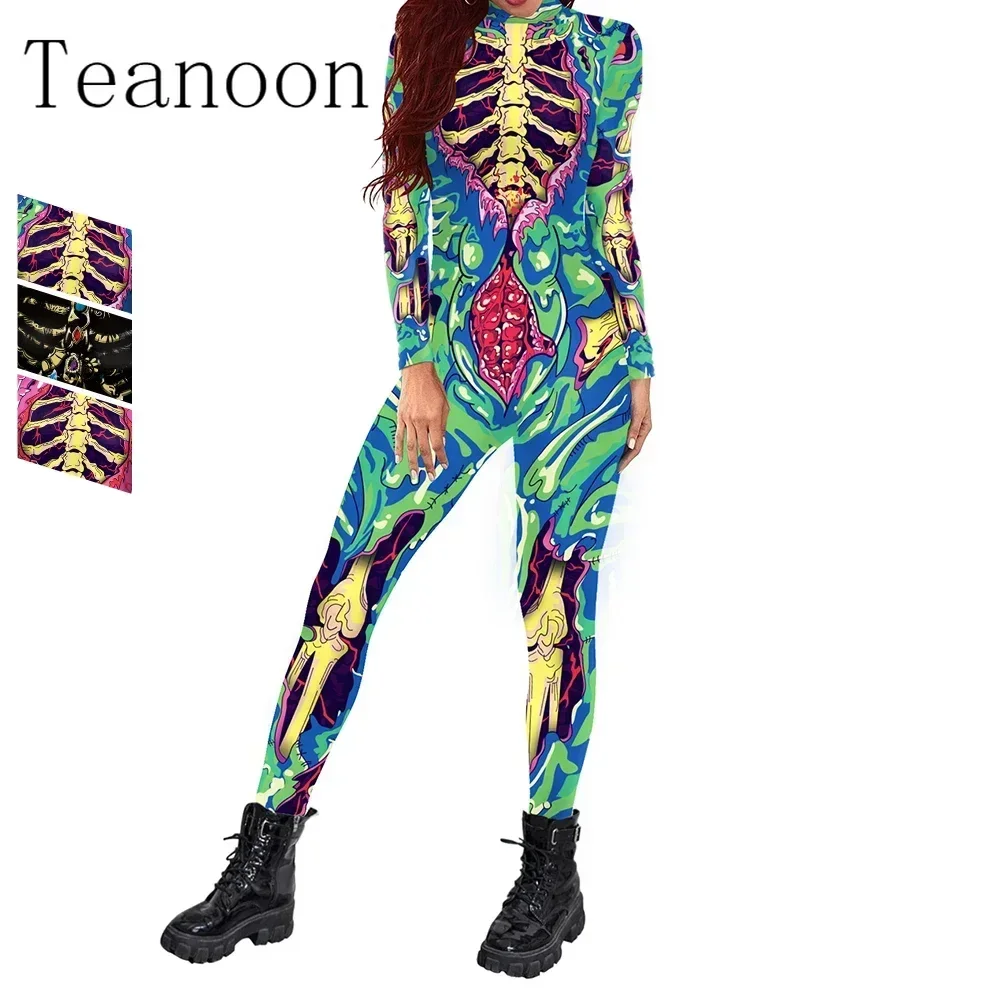 

2024 Halloween Jumpsuit Women Carnival Coloured Skull Print Cosplay Funny Costume Female Holiday Party Long Sleeve Bodysuit