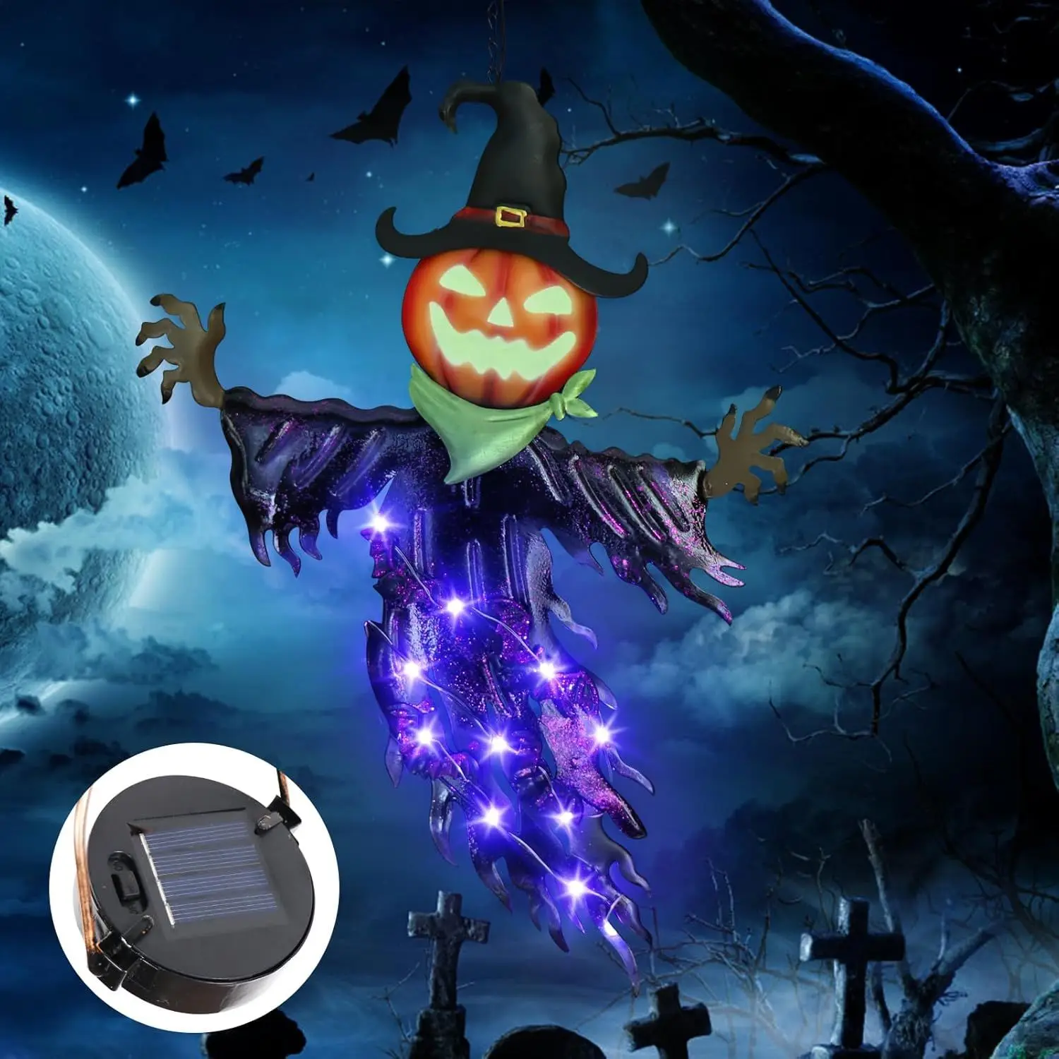 Solar Halloween Metal Hanging Decorations Outdoor, Solar Powered Lighted Metal Pumpkin with Glowing Eyes