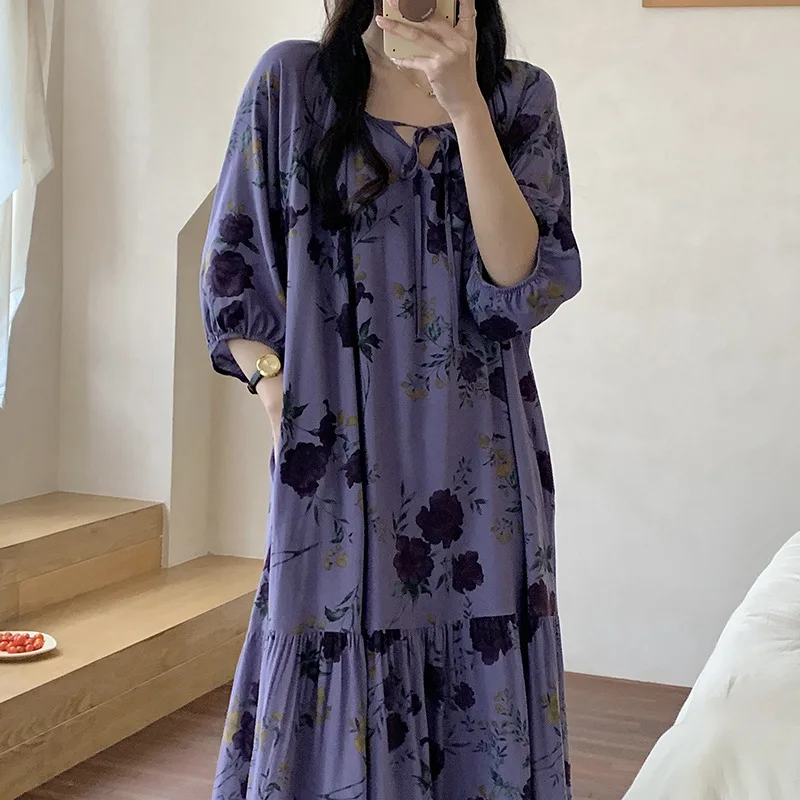 Female Long Nightgown Chemise Sleepwear Sexy Half Sleeve Nightdress Intimate Lingerie Spring Summer Viscose Home Wear Loungewear