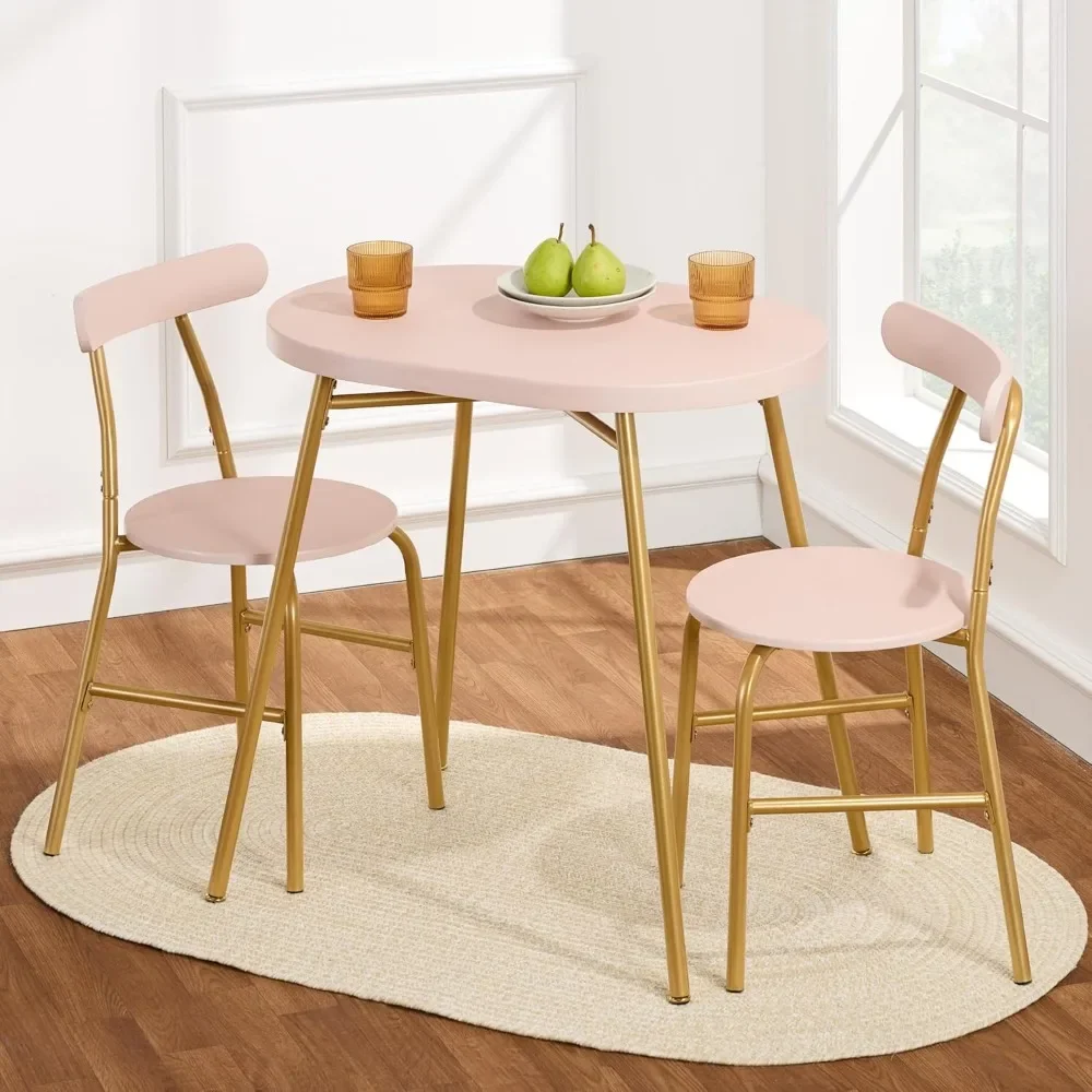 3-Piece Modern Oval Dining Table Set, Small Kitchen Dinette w/ 2 Chairs, Metal Frame, Curved Backrests - Pink/Gold