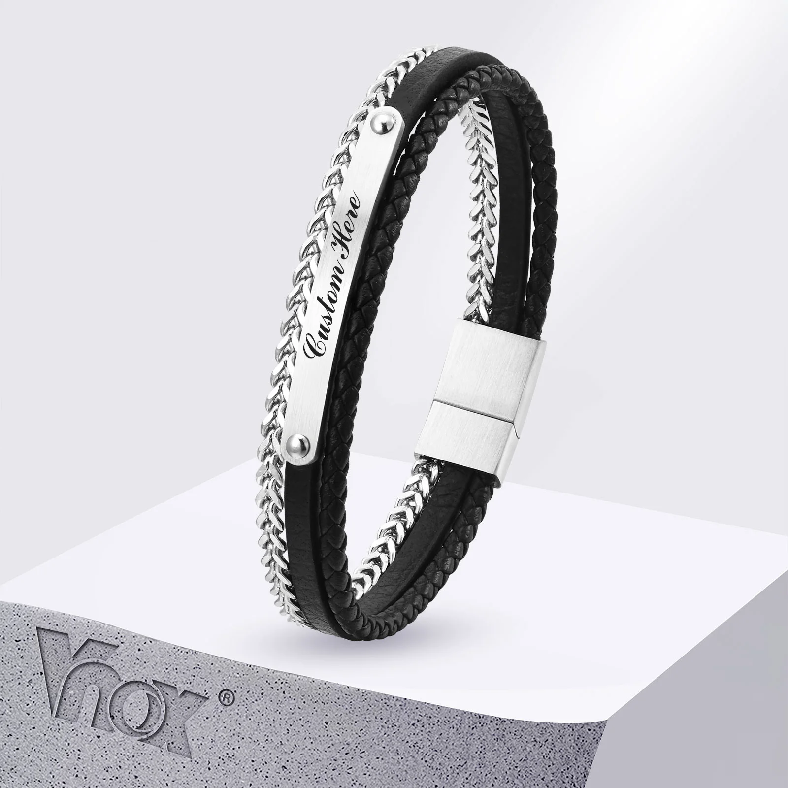 Vnox Free Customize Mens Leather Bracelets, Black Genuine Real Leather Bangle, Foxtail Cuban Chain Bracelets, Gentle Gift to Dad