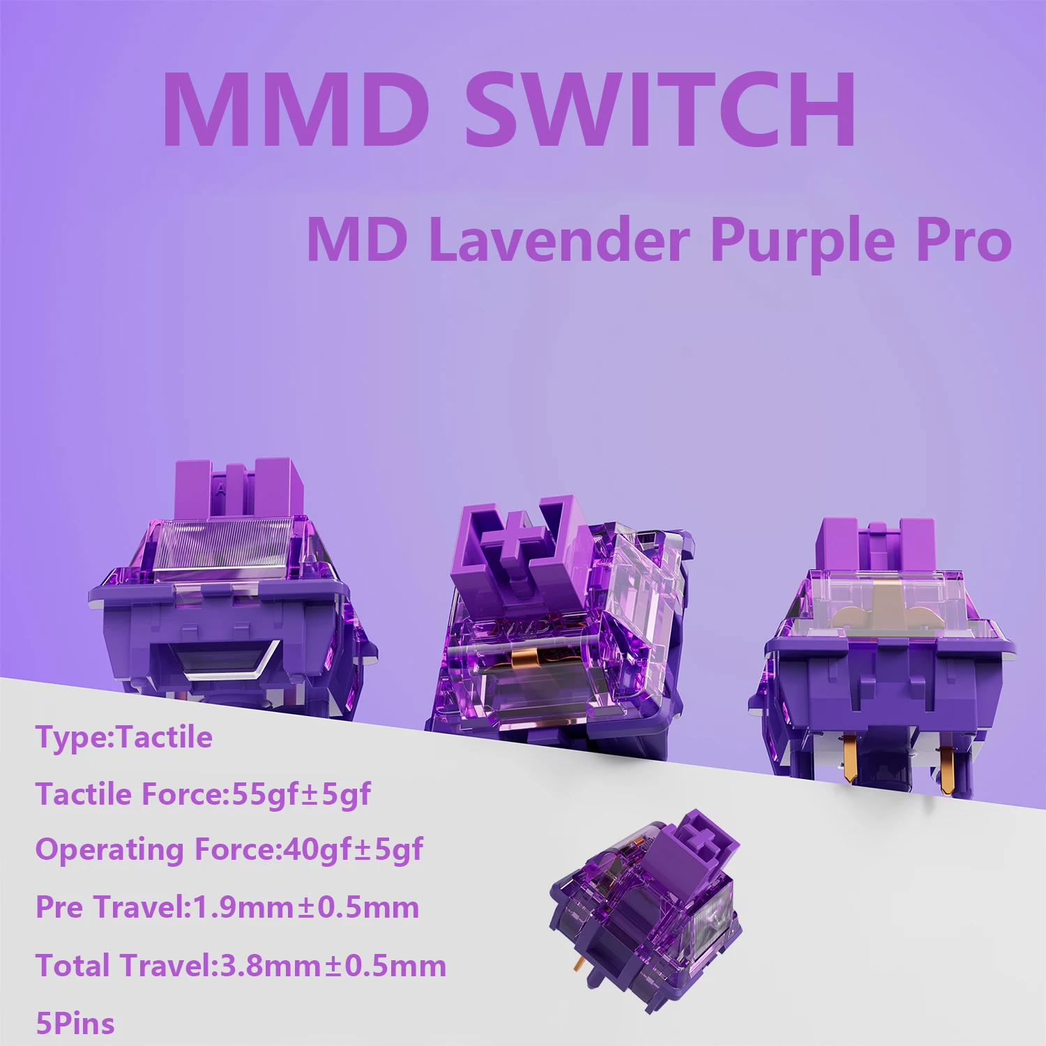 MMD Tactile MD Lavender Purple Pro Switches Dustproof MX Switch for Mechanical Keyboard Gaming 5 Pins Lubed Switch Hot Swappable