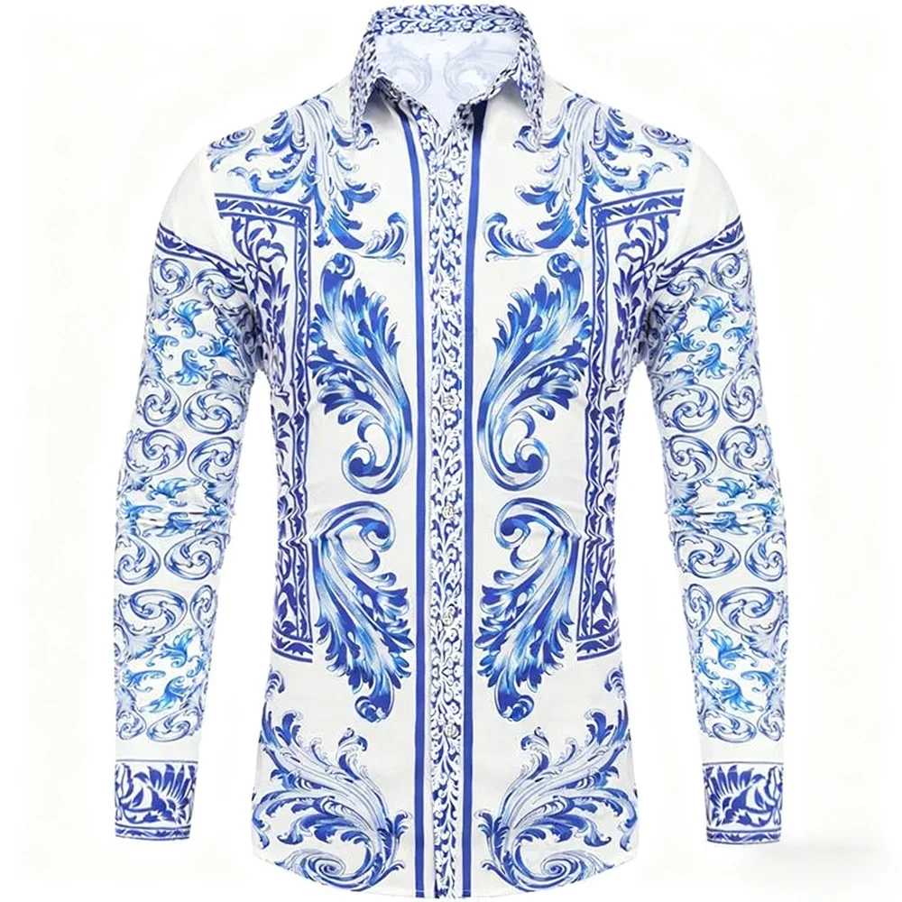 Mens Single-Breasted Casual Business Long Sleeve Shirt European European Palace Pattern Plant Vineman 3d Print Hawaiian Shirt