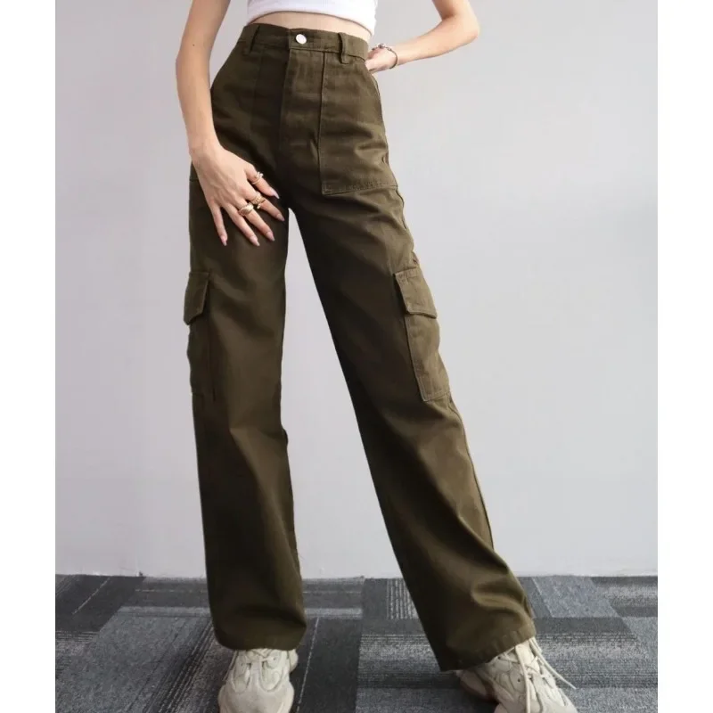 Women Loose Pockets Stitching Pants 2023 Spring Autumn Cargo Pants Trousers Women Button High Waist Overalls Straight-Leg Pants