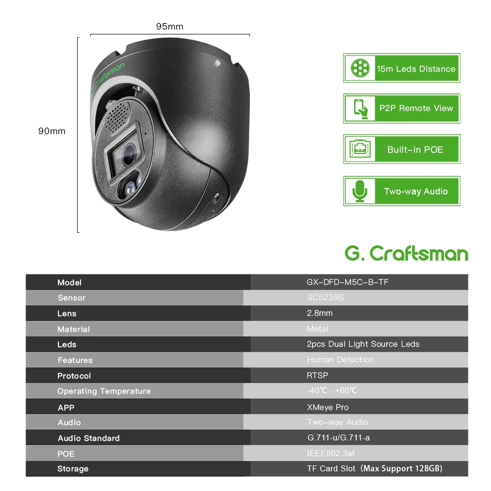 XMeye D 5MP POE Support TF Card Speaker Audio Onvif CCTV Video Surveillance Security G.Craftsman