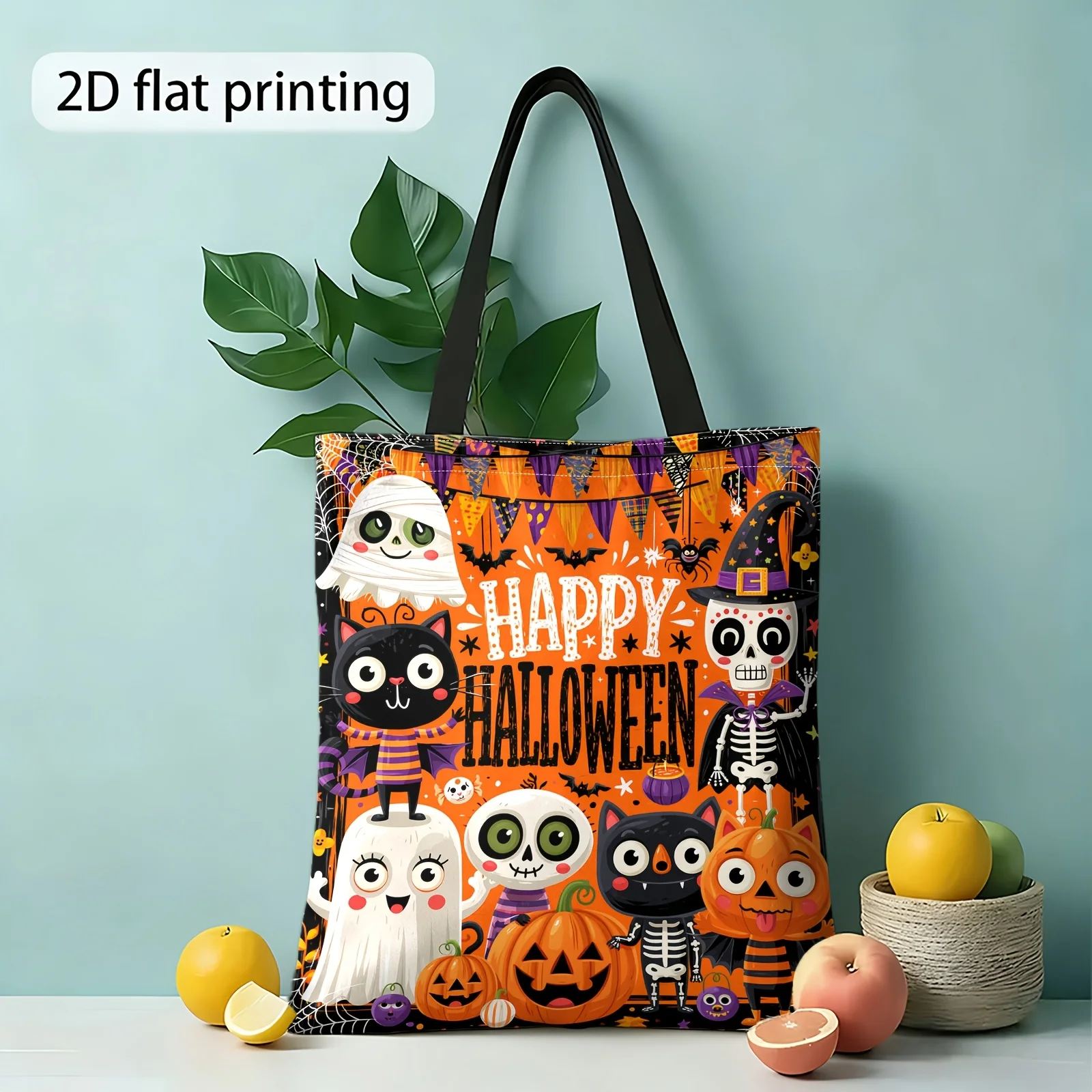 Halloween Double-Sided Printed Women'S Shoulder Bag Fashion Holiday Handbag Ghost Cats, Pumpkins And Skull Patterns Shopping Bag