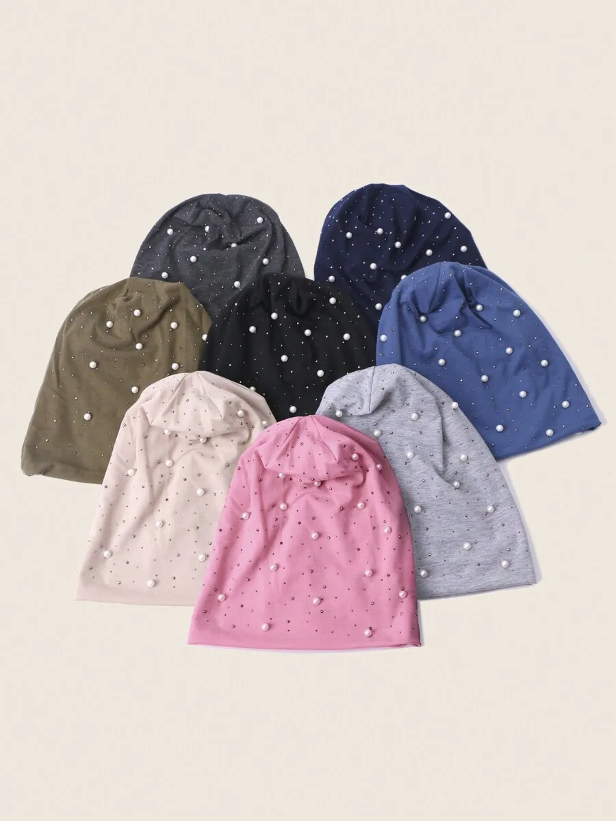 

Polyester Beanie Hat With Rhinestone And Pearl Decor For Women Adults Casual Wear