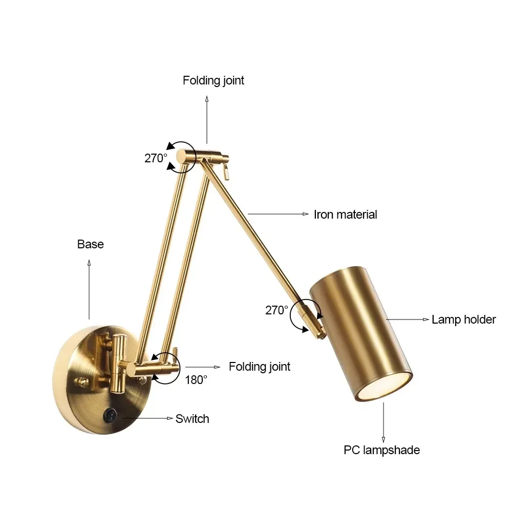 Imagem -02 - Telescópica Rocker Led Wall Lamps Swing Arm Braço Longo Sconce Luzes Internas com Interruptor para Decoração de Cabeceira