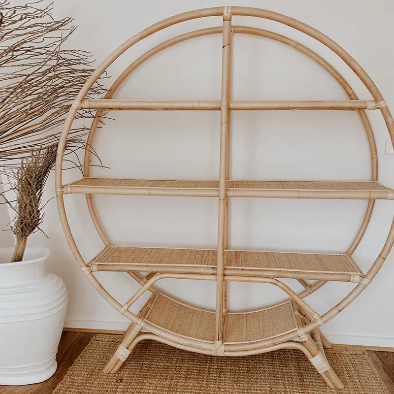 Circular rattan woven shelves, bookshelves, new Chinese style , Zen living room, retro weaving