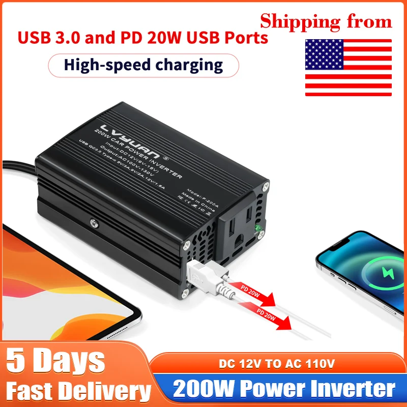 Car Inverter Converter 200W DC12V to 110V Cigarette Lighter To Sockets Power USB Inverter Adaptor Fast Charging PD20W