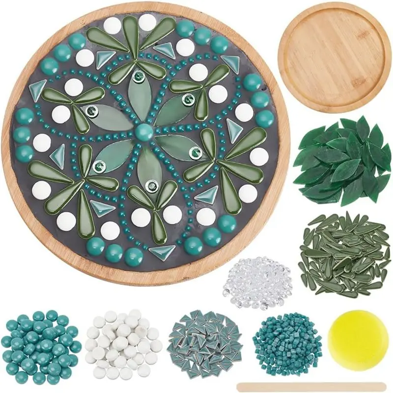 

AF89-DIY Mosaic Kit Floral Mosaic Bamboo Coaster Set For Adult Beginners Green Glass Mosaic Tiles Home Decoration