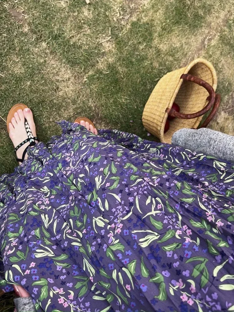 Fashion Vintage Floral Skirt for Women 2025 Summer New High Waist A-line Skirts Y2k E-Girl Mid-length Loose Faldas Mujer