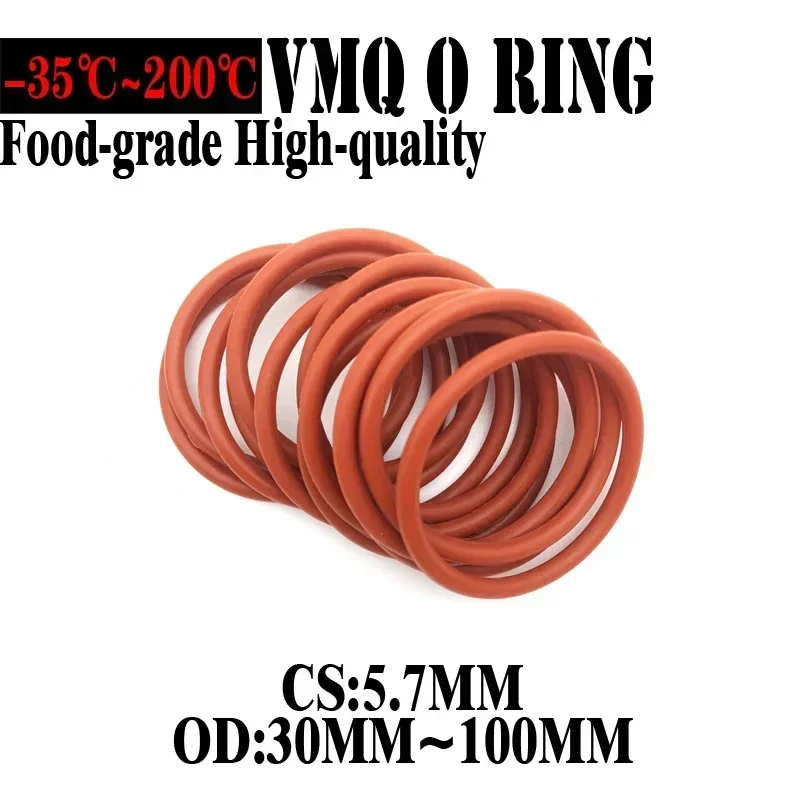 20pcs VMQ O Ring Seal Gasket Thickness CS 5.7mm OD 30~100mm Silicone Rubber Insulated Waterproof Washer Round Shape Nontoxic Red