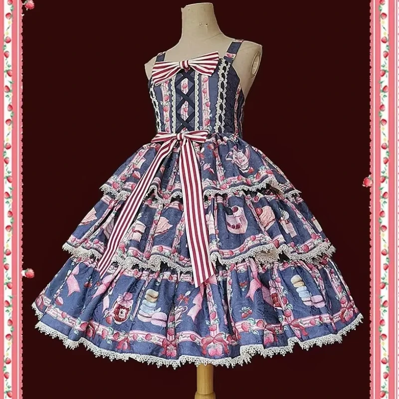 2026 New Sweet Cute Vintage Layered Lolita JSK Dress,Strawberry Print Sleeveless Dress for Tea Cosplay Harajuku Gothic Women
