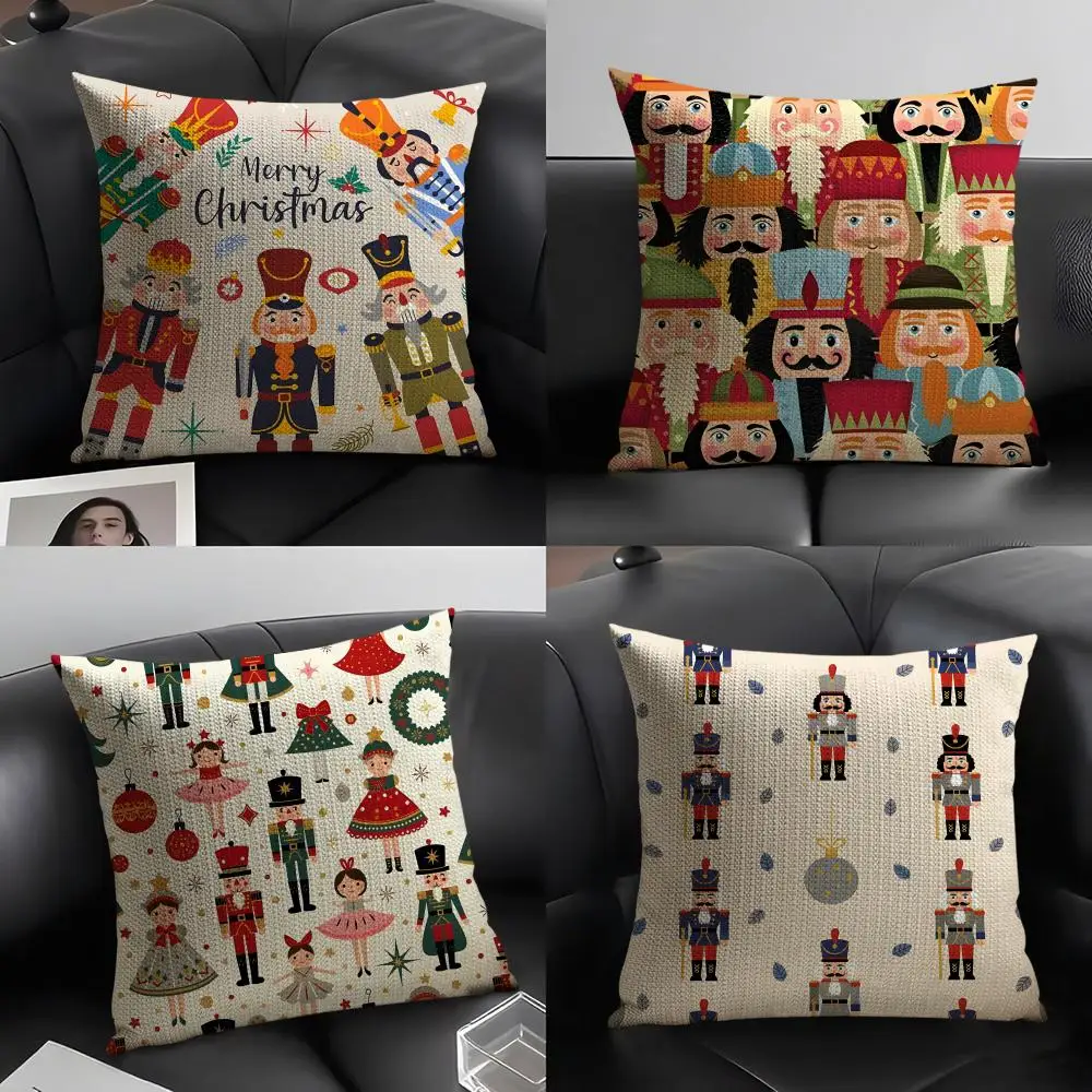 Nutcracker Soldier Christmas Cushion Cover Natural Linen Organic Fabric Double-Sided Printing Sofa Home Decor Gift Pillow Case