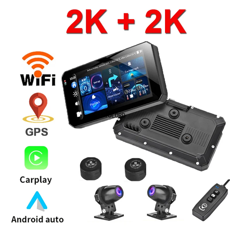 

5 Inch Touch Monitor 2 lens Motorcycle DVR Recorder 2560*1440p 2K Wireless Carplay Android Auto WIFI GPS BT Tire Pressure