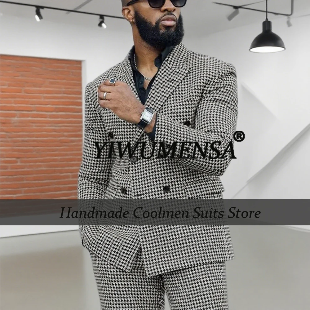 

Classic Business Suits Men 2 Pieces Sets Houndstooth Plaid Groom Tuxedos Customized Double Breasted Male Fashion Prom Blazers