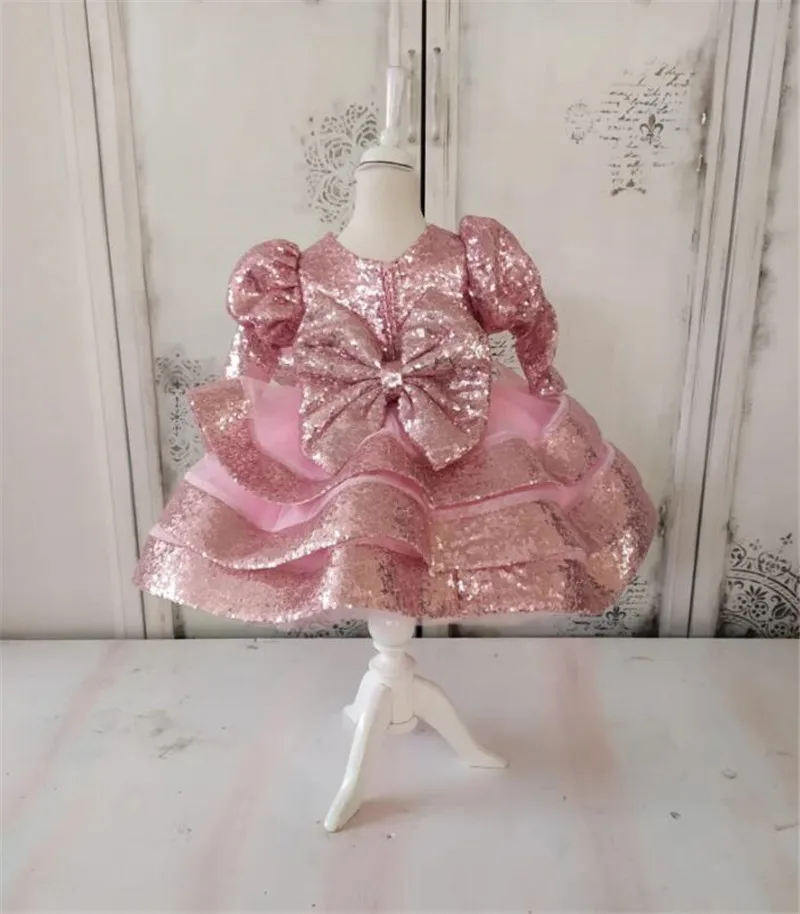 Puffy Pink Baby Girl Dress Toddler First Birthday Gown with Long Sleeves Celebration Dress Special Occasion Big Bow