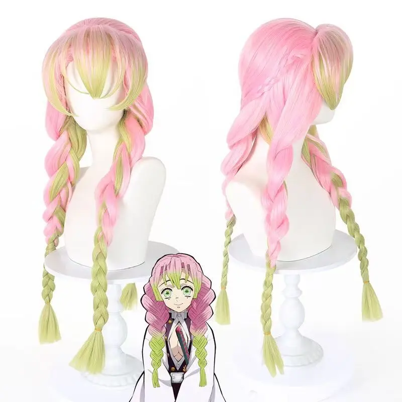 

Kanroji Mitsuri Cosplay Wig Pink-Green Gradient Thick Braided Pigtails High Temperature Fiber Carnival Party Performance