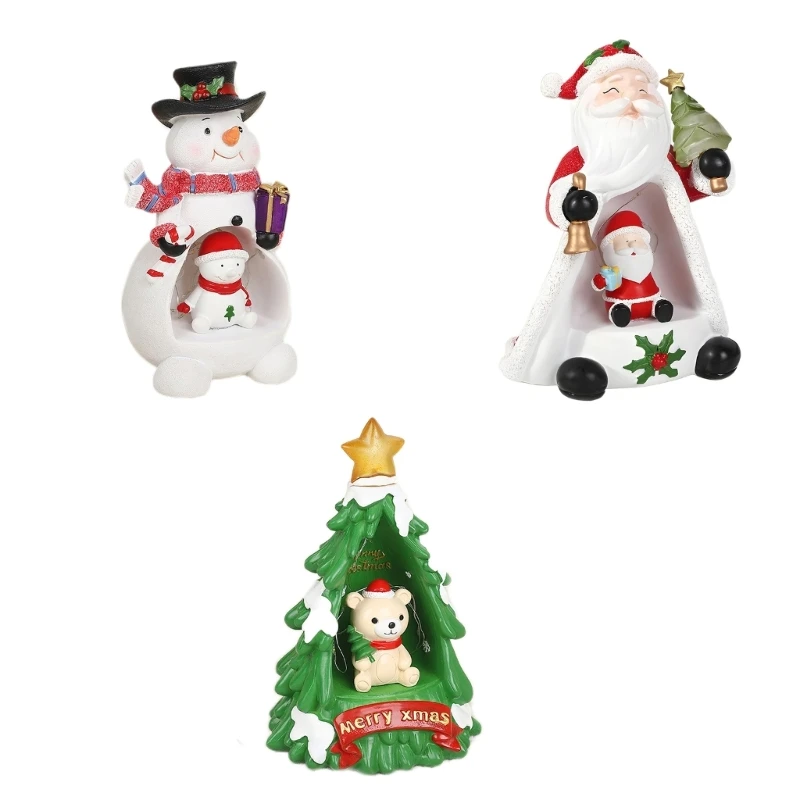 Festives Fireplaces Mantles Ornament Resins Figurine with LED Christmas Trees Santa Snowmans Resins Ornament