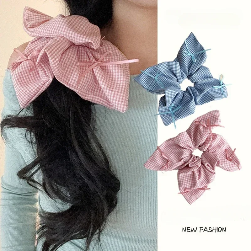 Korean Temperament Plaid Ribbon Bow Large Hair Circle Female Hair Bun Head Rope Pure Desire Square Towel Girl Hair Accessoires