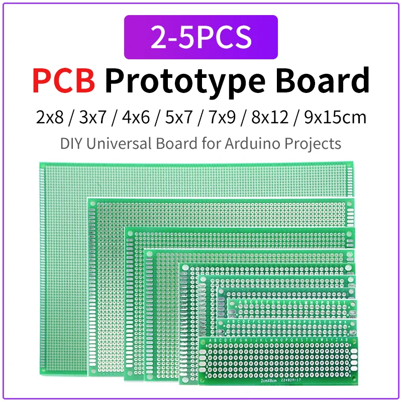 PCB Prototype Board Green Double Sided Circuit Board 2x8 3x7 4x6 5x7 7x9 8x12 9x15cm For DIY Soldering or Arduino Projects 2-5PC