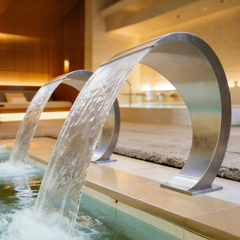 Luminous stainless steel swimming pool waterfall designed by Narcissus Architectural Design Company