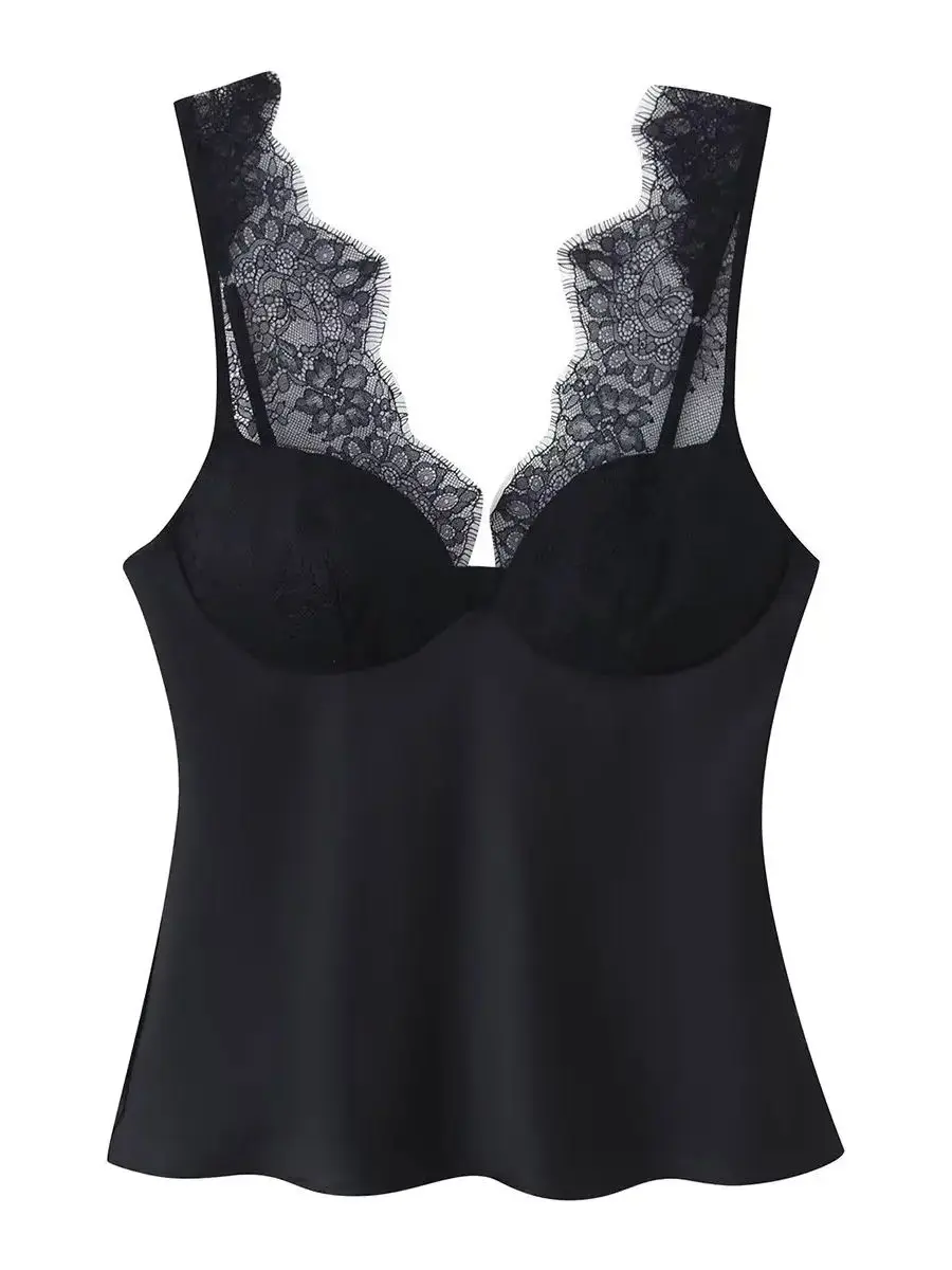 

Women's European Elegant Silk Satin Lace Camisole Tanks Tops Lady Vintage Black V-neck Party Split Backless Sleeveless Blouse