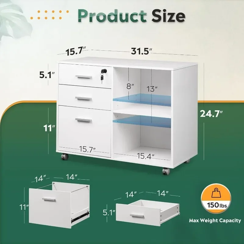 DEVAISE 3-Drawer Wood File Cabinet with Lock, Mobile Lateral Filing Cabinet, Printer Stand with Open Storage Shelves