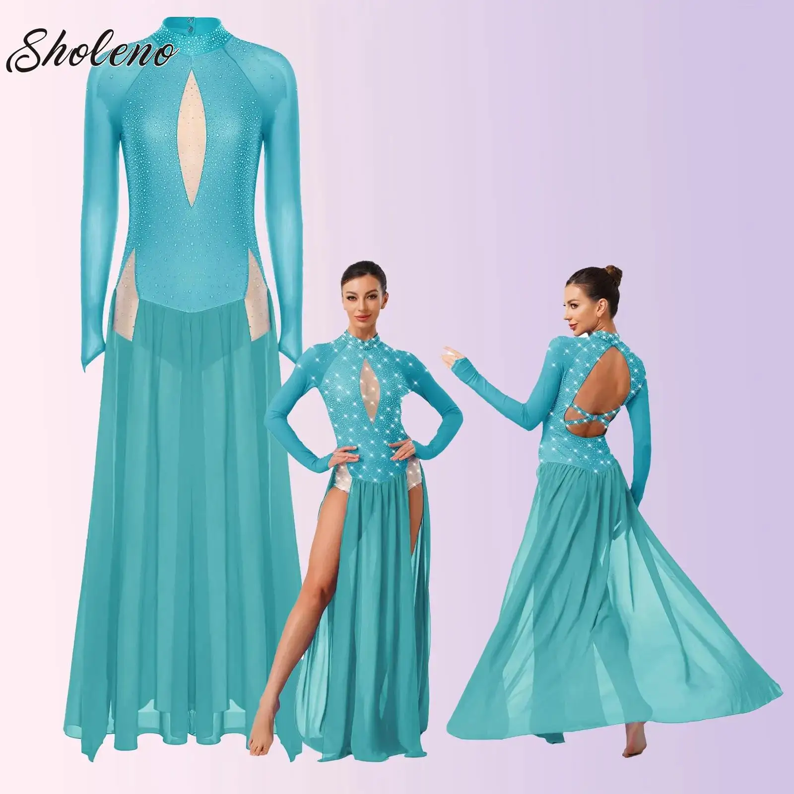 

Women Dance Party Maxi Gown Modern Lyrical Dance Dress Ballet Gymnastics Performance Dancewear Long Sleeve Skirted Leotard Dress