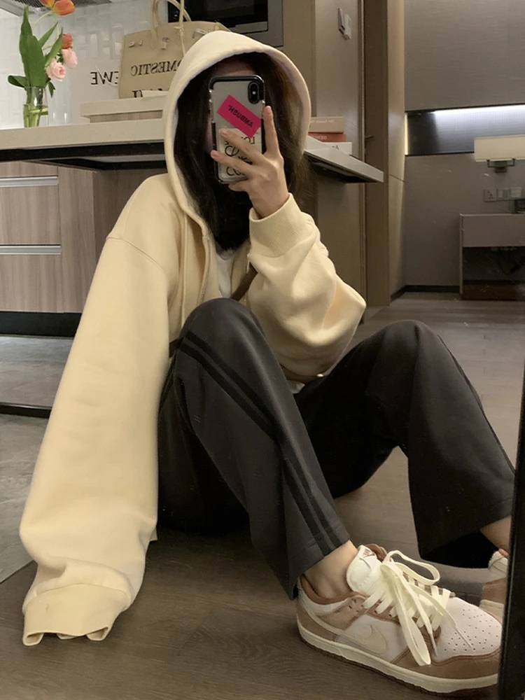 American Retro Long Sve Hoodie Jaet Women's Autumn Winter New Loose Open Cardigan Top Cotton Polyester Blend Zipper Closure