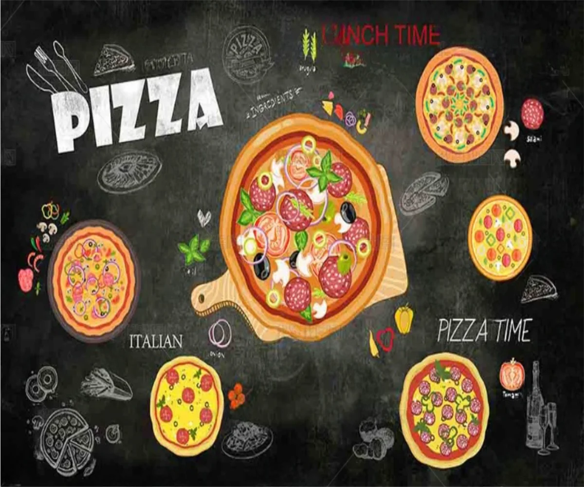 

Обои на заказ, мультяшные нарисованные вручную пицца, магазин, фоновые стены, рельефная роспись, самоклеящийся материал, декоративные 3d обои