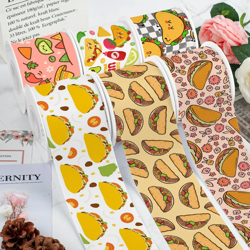 5yards Fast Foods Hamburger Hot Dog Printed Grosgrain Ribbon for Cheer Bows DIY Girl Headwear Hair Bows Satin Ribbon
