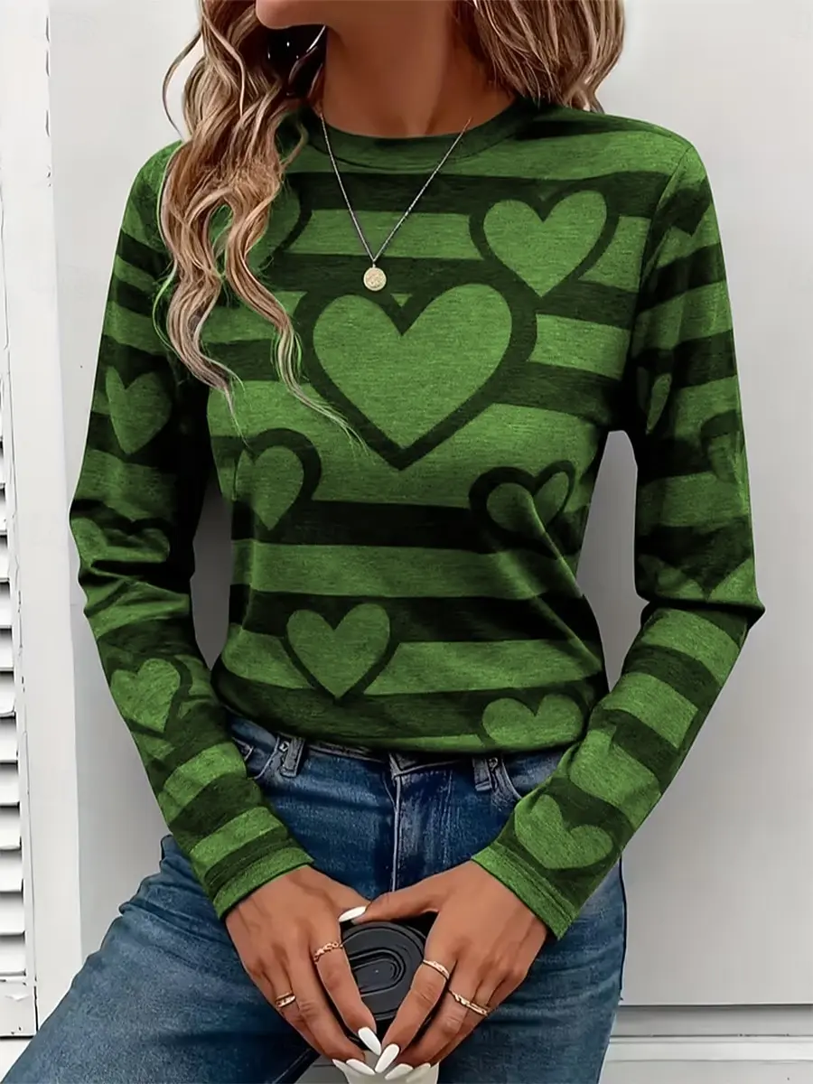 Women's Long-Sleeve T-Shirt for Autumn, Striped Heart Print, Street Style Casual Crew Neck Pullover, Loose Fit, Outdoor T-Shirt