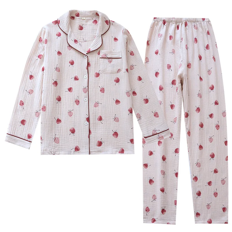 Autumn Women\'s Pajamas Set Print Crepe Cotton Double-layer Gauze Sleepwear Turn-down Collar Long-sleeve Trousers Household Wear