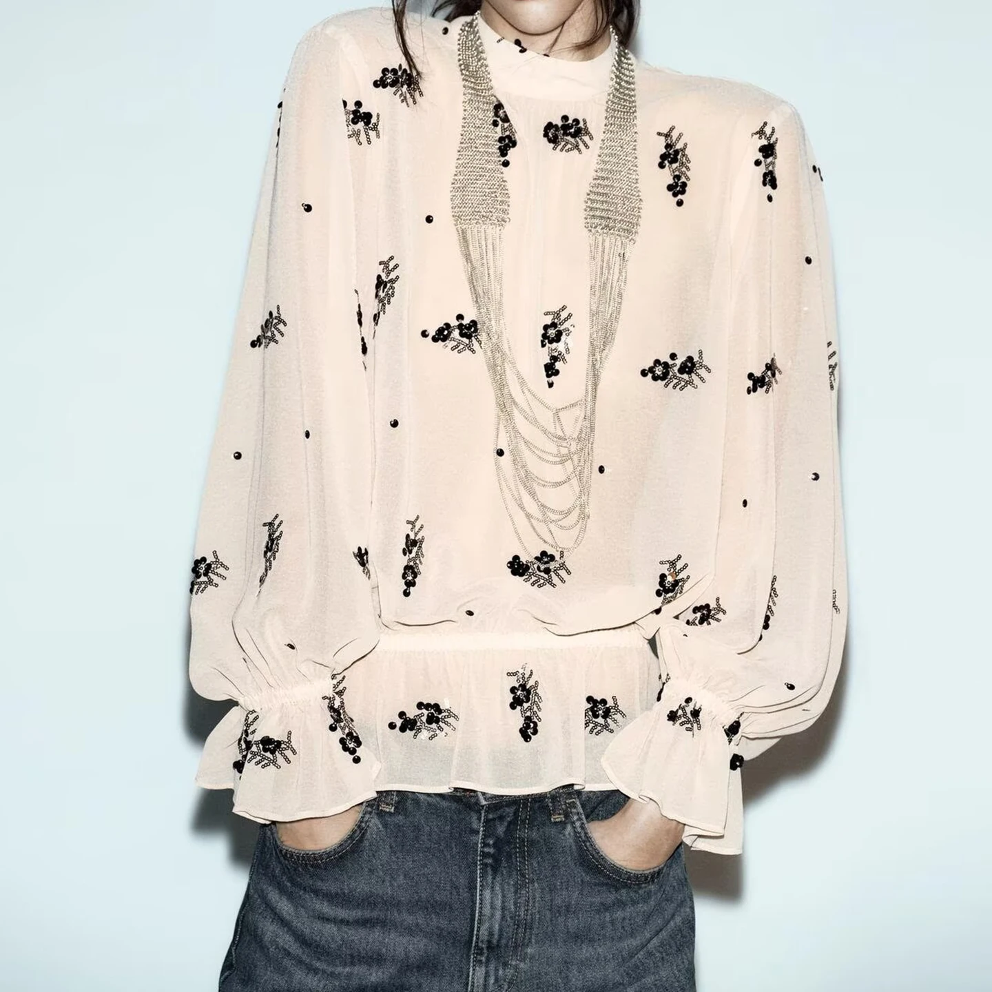 Perlina traslucida irt Versatile Abbigliamento quotidiano 2025 Autunno Nuovo Sle Donna Vestibilità ampia Lunga Sve Paillettes luminose Pendolari Sle