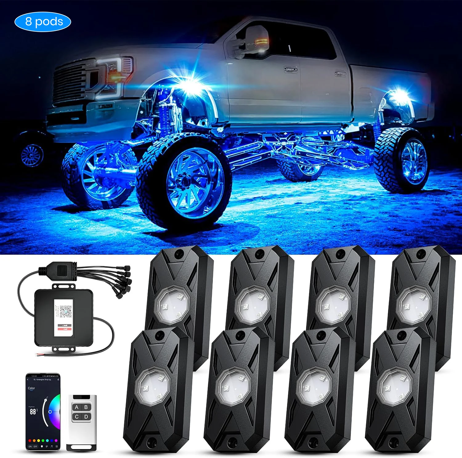 

YiLaie RGB Rock Lights Underglow Wheel Lights kit IP68 with App & Remote Control Music Sync High Bright Pod Light for Pickup SUV