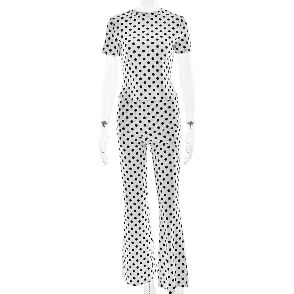 

2025 summer new women's polka dot two-piece set sexy round neck short sleeve micro-flare trousers casual suit for women