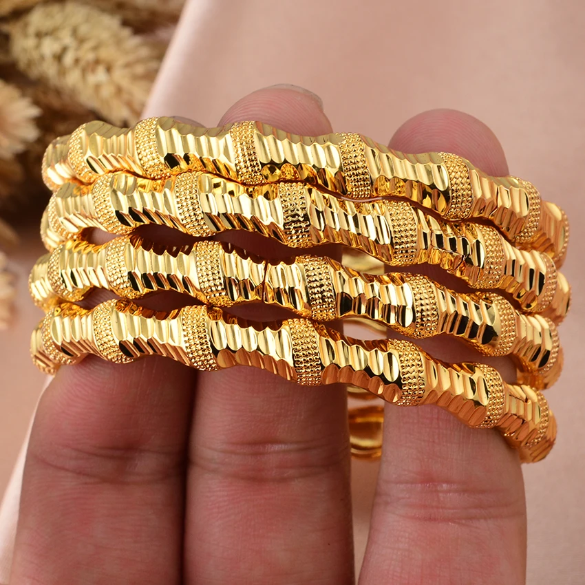 New 24K 4Pcs/lot Dubai Gold Color  Bangles  For Women Girls Bead Festival Good Luck Ethiopian Wedding Bangles Bracelet Jewelry